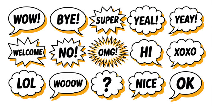 Speech bubble collection featuring comic chat shapes, short expressions, dialogue balloons, text frames, pop art elements, communication symbols, messaging graphics and creative typography.