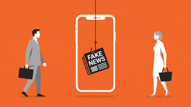 Smartphone with a fake news bait hangs between two walking businesspeople.