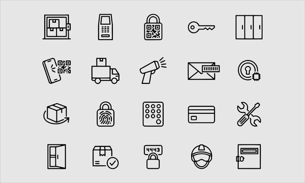 Locker room line icons set. Parcel delivery storage, automated postamat terminal, smart QR code lock,line icon 20 set vector bandile illustration.