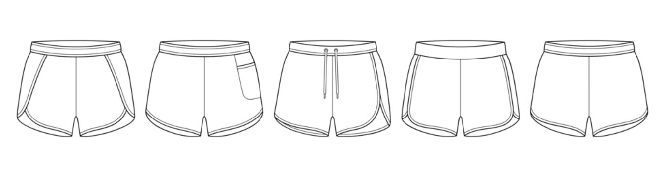Set of women's marathon running shorts technical drawing. athletic performance curved hem track sports short fashion flat sketch vector illustration.