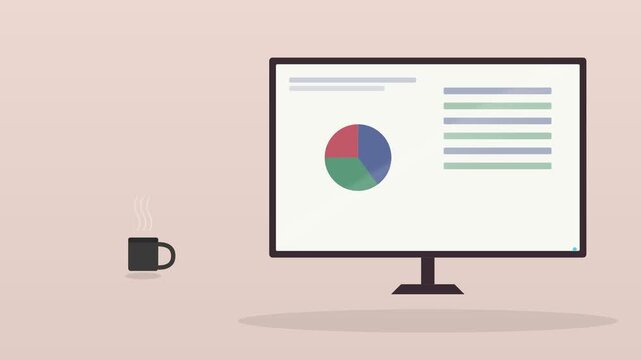 desktop computer monitor showing a report with a pie chart and a coffee cup on a warm desk, blush tone