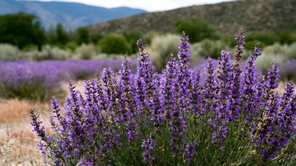 Obraz premium Purple sage flowers bloom densely in a sunlit field with rolling hills and greenery in soft focus background