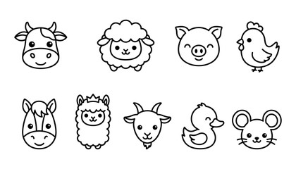 Naklejka premium Cute farm animal line icon set featuring cartoon faces of cow, sheep, pig, chicken, horse, alpaca, goat, duck, and mouse for children design