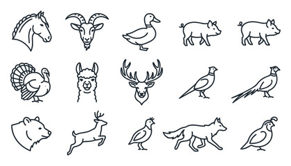 Naklejka premium Farm and wild animal line icon set featuring horse goat duck pig turkey alpaca deer pheasant bear fox and quail outline symbols