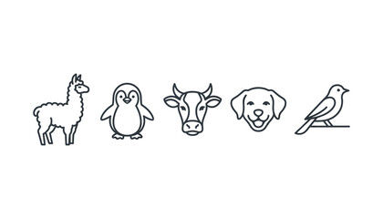 Naklejka premium Simple animal line icon set featuring clean outline illustrations of alpaca penguin cow dog and bird for modern logo branding designs
