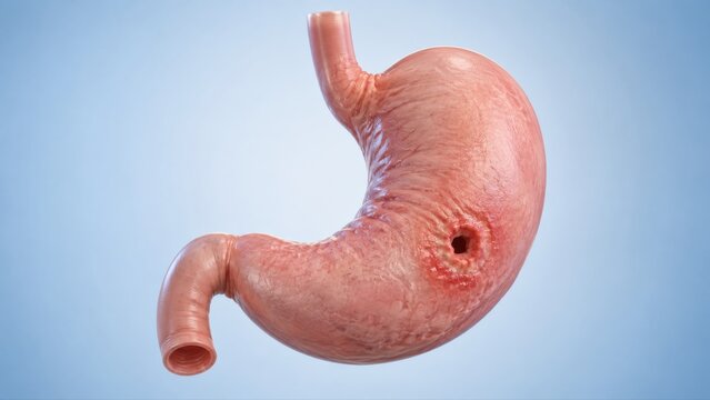 Gastric perforation shown in premium clinical CGI with localized full-thickness stomach wall defect caused by severe ulcer disease on clean background