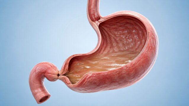 Gastric outlet obstruction shown in premium clinical CGI with enlarged stomach and narrowed pyloric outlet on a clean medical background.