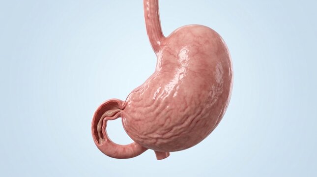 Gastroparesis shown in premium clinical CGI with distended stomach and retained gastric contents illustrating delayed gastric emptying on clean background.