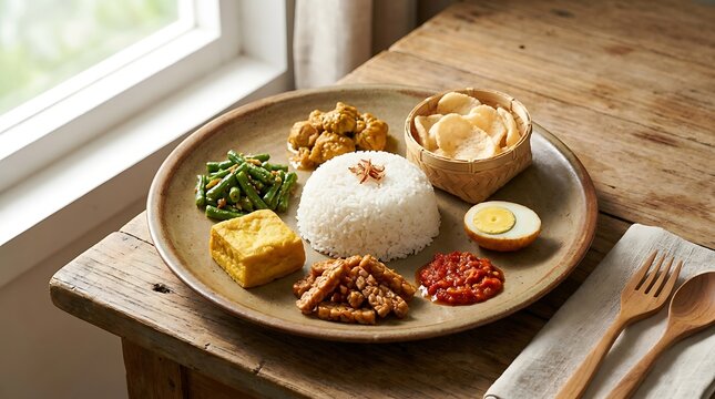 Traditional indonesian nasi tumpeng mini with rice and side dishes served on a wooden plate at home. Basic Indonesian Dish