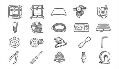 Fototapeta premium Hand Drawn 3D Printer Parts Tools and Equipment Black Line Vector Icon Set