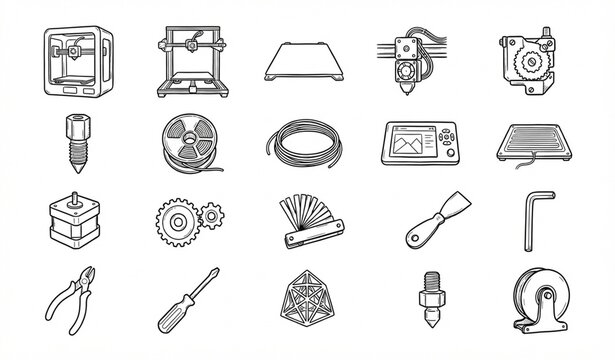 Hand Drawn 3D Printer Parts Tools and Equipment Black Line Vector Icon Set