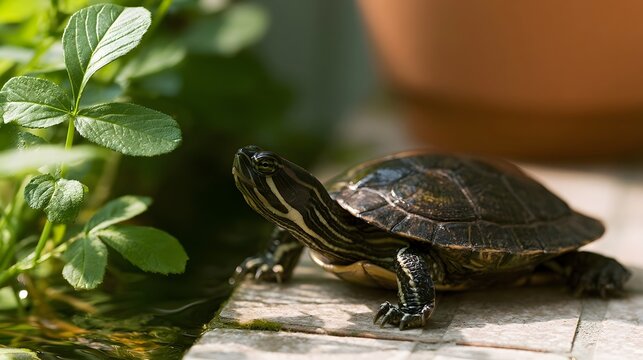 A small turtle rests on stone near green plants and calm water in a sunny garden setting with soft natural lighting