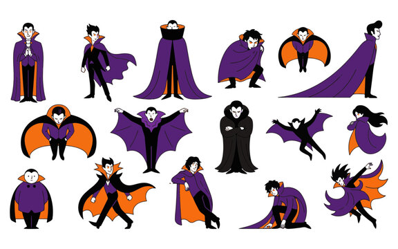 A spooky collection of halloween vampires in various poses and dramatic purple and orange colors