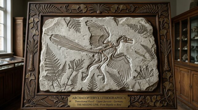 Ancient Bird Fossil Illustration in Ornate Museum Display Frame