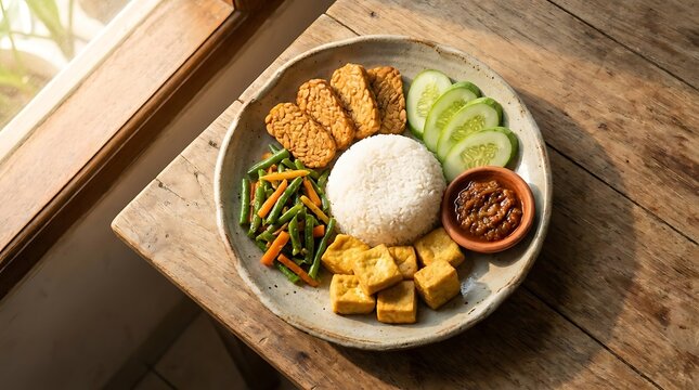 Healthy indonesian nasi campur with rice tempeh tofu and fresh vegetables on a rustic wooden table. Basic Indonesian Dish