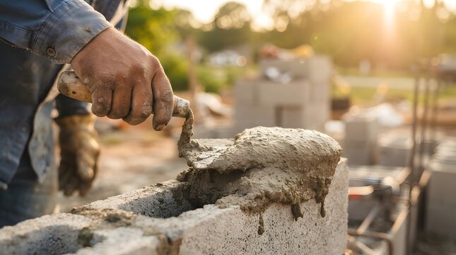 Bricklayer Applying Cement Mortar with Trowel on Concrete Block at Construction Site