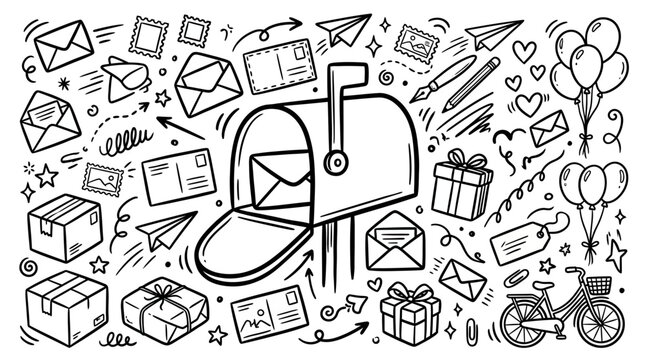 Postal mail and delivery doodle set.