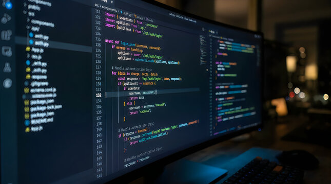 Programmer working on coding project with multiple screens displaying Python code
