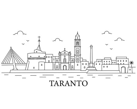 Simple line art shows Taranto's skyline