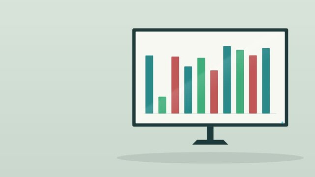 desktop computer monitor showing an animated bar graph on a warm desk, mint tone