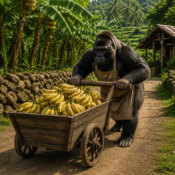 Gorilla pushing banana cart along path through lush tropical plantation