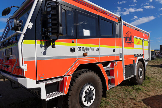 Mosnov, Czech Republic - September 21, 2025: Tatra Force fire engine and firefighter truck. Firetruck vehicle used by firemen and fire fighters. Very tight crop.
