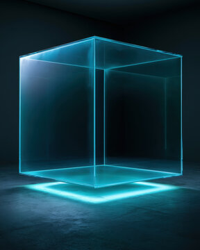 Transparent Cyan Glass Cube with Bright Glowing Edges