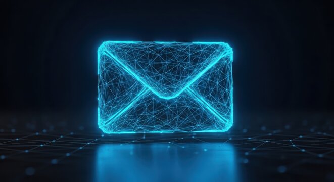 Glowing blue digital email icon on a dark background illustration futuristic