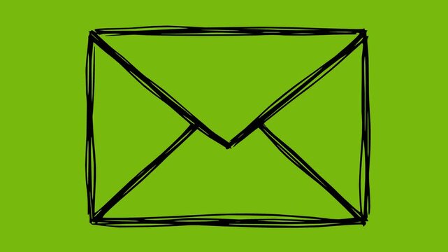 hand drawn mail envelope animation with line boil effect and pure black fill on a green screen chroma key background for video editing