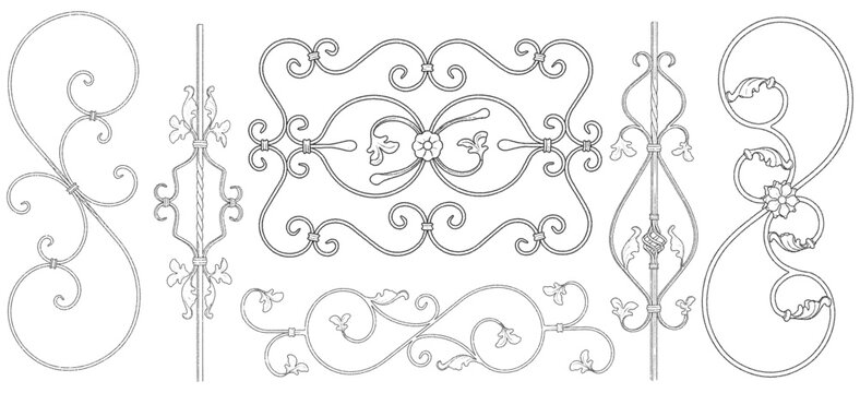 Wrought Iron Floral Scroll Panels and Forged Baluster Stipple Vector Set
