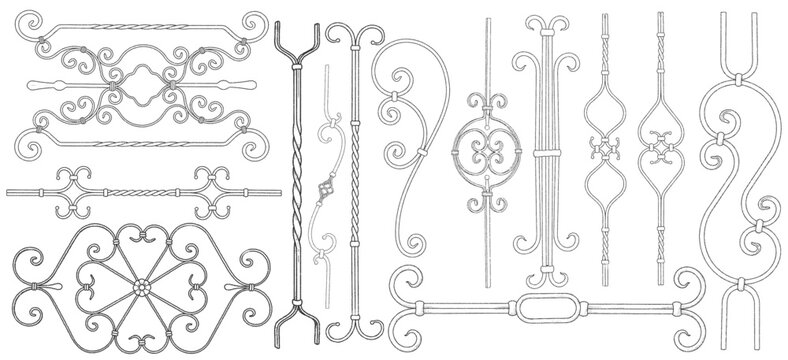 Wrought Iron Scrollwork Borders, Forged Balusters and Rosette Panel Stipple Vector Set