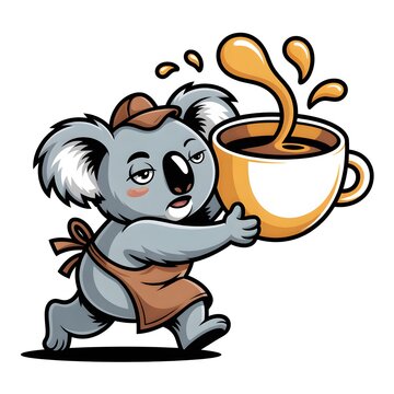 Cute cartoon koala barista wearing an apron and holding a big cup of hot coffee isolated on transparent background