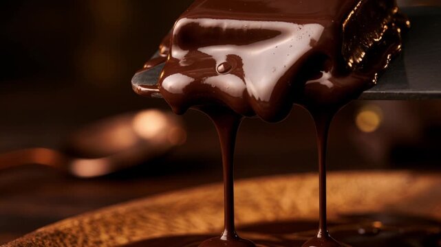 Decadent melted chocolate dripping from cake, rich dark liquid cocoa pouring over dessert, gourmet pastry glaze in warm lighting