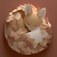 Naklejka premium A 3d fox character curls up while napping in a pile of colorful leaves. The setting shows a warm russet tone making the scene cozy.