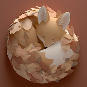 A 3d fox character curls up while napping in a pile of colorful leaves. The setting shows a warm russet tone making the scene cozy.