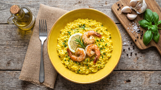Shrimp risotto served in a yellow bowl on a rustic wooden table.