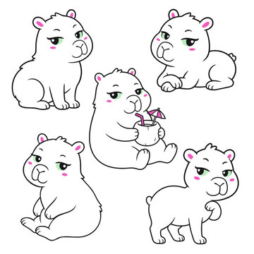 Cute Capybara Character Set with Five Playful Poses, Cartoon Capybara Vector Collection for Stickers, Kids Design and Kawaii Illustration