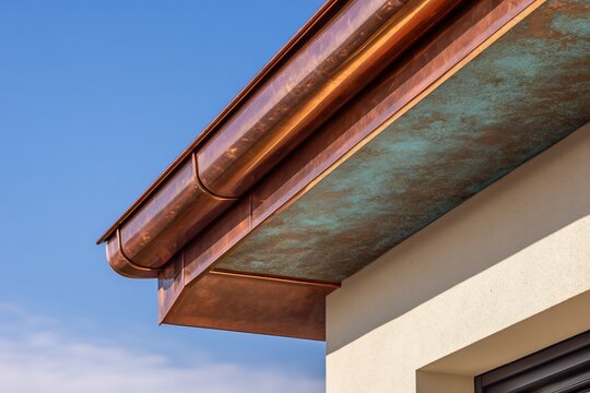 Close up of copper gutter system on a modern house weathered patina texture
