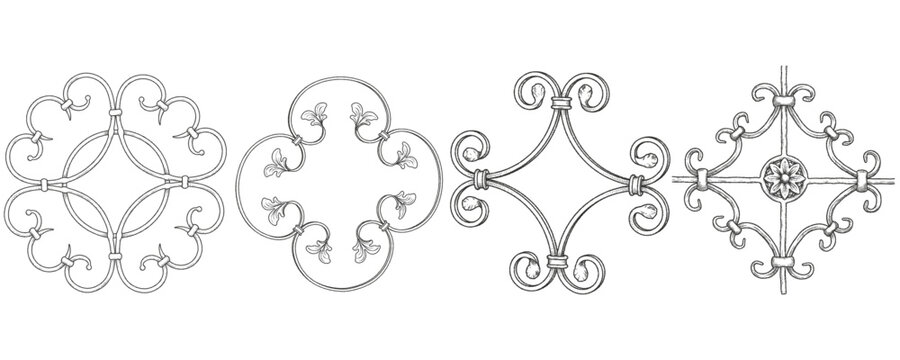 Wrought Iron Floral Rosettes and Ornamental Scroll Panels Stipple Vector Set