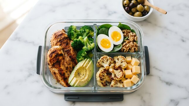 Healthy meal prep box with chicken vegetables and boiled egg