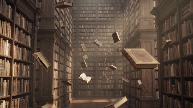Magical Flying Books in Grand Vintage Library Archive