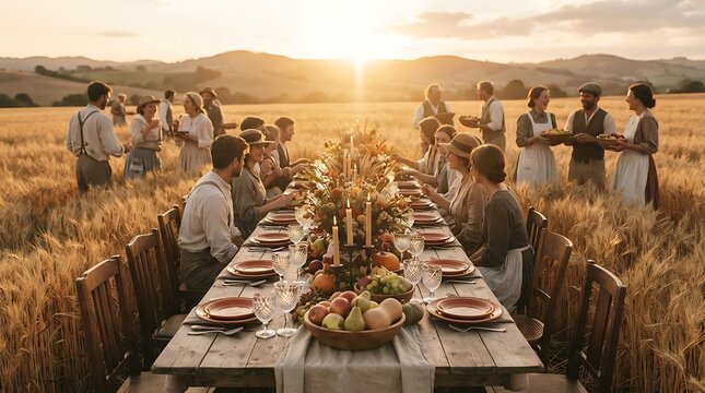 Large group of friends eating dinner in a golden wheat field