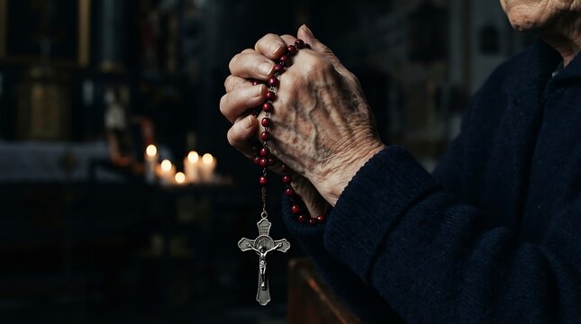 Elderly person holding rosary beads in prayer in a church