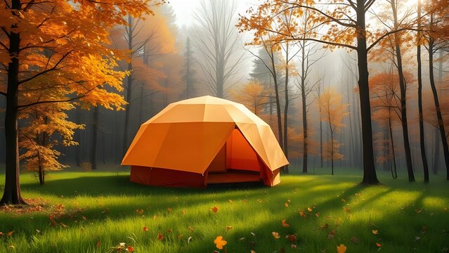 cozy orange dome tent in a serene autumn forest with golden leaves and morning mist