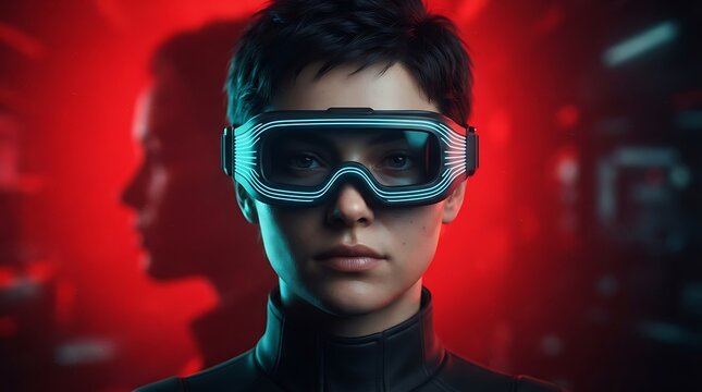 Young woman wearing futuristic neon glowing vr headset