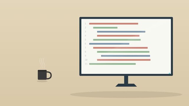 desktop computer monitor showing lines of code with a coffee cup on a warm desk, sand tone