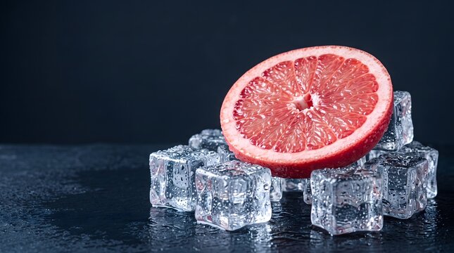 Sliced pink grapefruit rests upon a pile of clear ice cubes