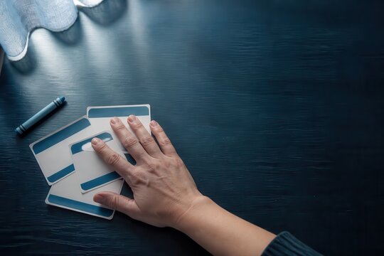 Payment cards on desk with hand for budgeting and spending control