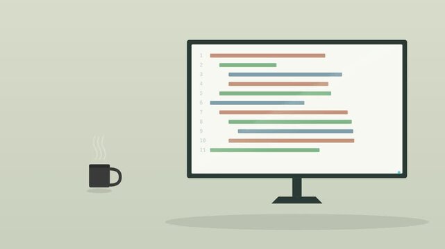 desktop computer monitor showing lines of code with a coffee cup on a warm desk, sage green tone