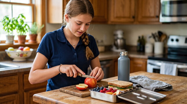 Schoolgirl preparing healthy school lunch by making a homemade lunchbox with fresh fruit in her kitchen for back to school healthy campaigns, youth nutrition education, and packed school meals
